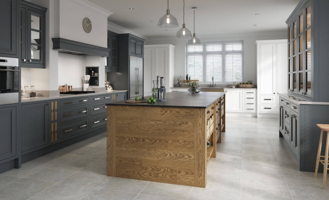 Peterborough & Montreal Kitchen in Painted Gun Metal Grey & Brilliant White and Sandblasted Character Oak
