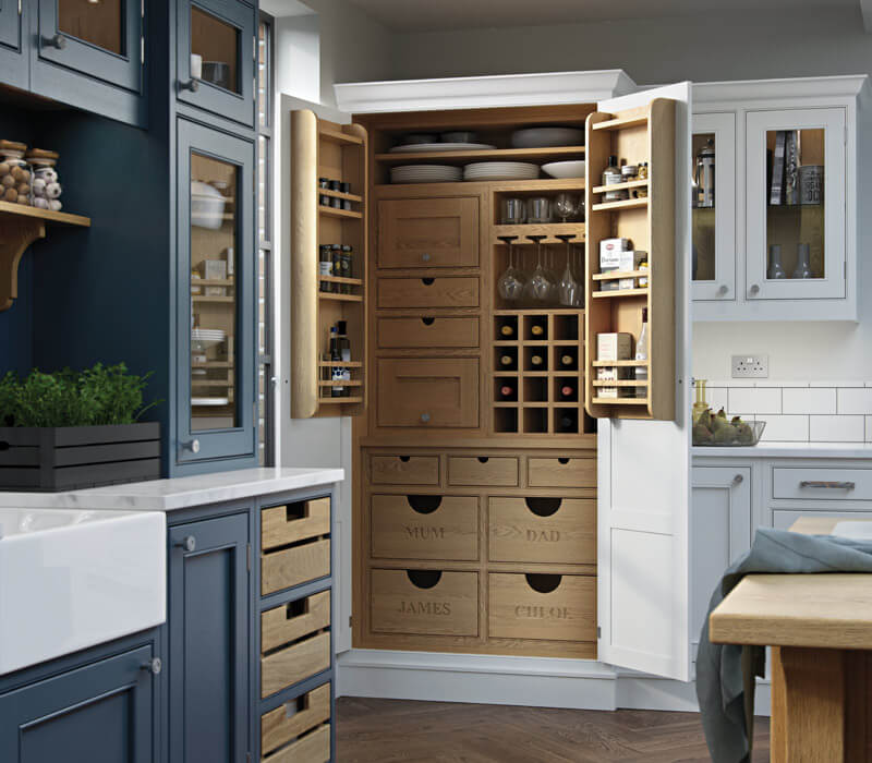 Lawrence Painted Brilliant White & Parisian Blue with solid oak Pantry Unit